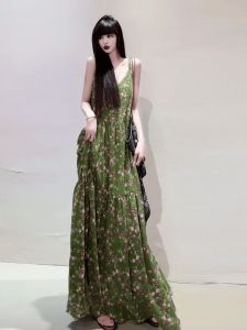 Summer Fresh A-Line Strapless Beach Dress Slimming High Waist Print V-Neck No-Sleeve Womens Casual Breathable Skirt