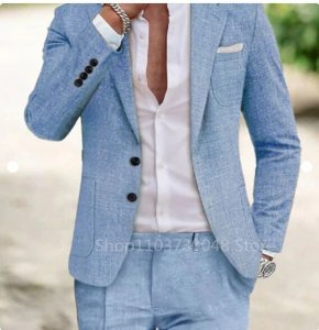2 Piece Sets Light Blue/Beige Linen Summer Men Suits Notch Lapel Slim Fit Two Buttons Blazer Pants Groom Tuxedos Wedding Prom
