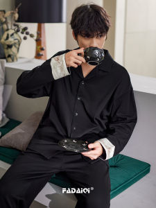 ชุดนอนผู้ชาย แขนยาว ผ้าโมดอล นุ่มสบาย ชุดนอนฤดูใบไม้ร่วง ชุดอยู่บ้าน สีดำ ชุดนอนผู้ชาย ชุดนอนผ้าฝ้ายโมดอล 2025 ฤดูใบไม้ร่วง