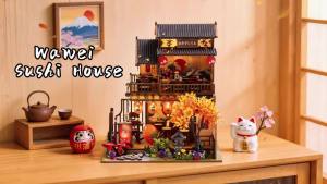 Japanese Izakaya Sushi Restaurant DIY Miniature Dollhouse Kit with LED Light 3D Wooden Puzzle Full Furniture Creative Gift