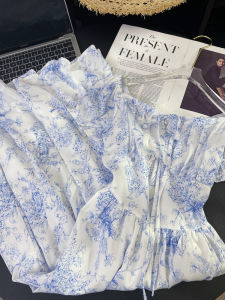 PAIBOLI | Summer Tea Break Thin Floral Print Maxi Dress Elegant French Style Sweet First Love Fairy A-Line Skirt Short Sleeve Midi Dress