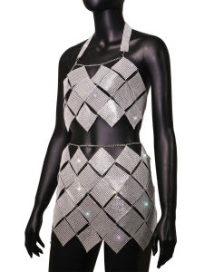 Sequare Sequined Patchwork Crystal Halter Top Skirt Outfit Women Asymmetric Hem Backless Crop Metal Chain Party Club Suits
