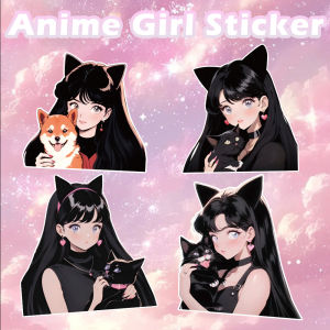 JDM Anime Pretty Girl Waterproof Sticker Cute Cat Cartoon Decorative Decal Reflective Motorcycle Body Window Bumper Fuel Tank Sticker Car Accessories