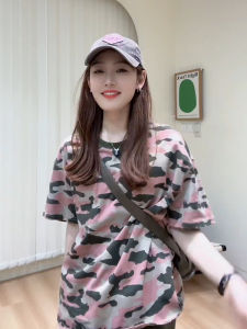 Pink Camouflage Print Short Sleeve T-Shirt Womens Loose Fashionable Anti-aging Summer New Style round Neck Cotton Blend Top