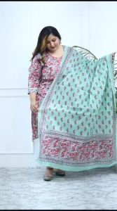 good quality heritage india big size kurti set, block printing in pink and sea green, premium cotton, 3 piece set,