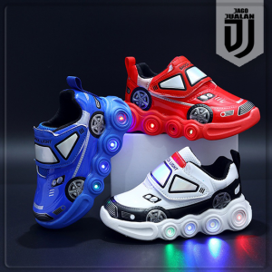 Sepatu Sneakers MOBIL Lampu LED Anak Balita Sporty / Sepatu Kets Perekat Anak Laki Laki Perempuan usia 1 2 3 4 5 6 tahun / Sepatu MENYALA Anak Cowok Cewek Trendy / Sepatu Baby Casual Pria Wanita Sol Menyala Model CAR / Sepatu Running Anak LED Lucu Keren