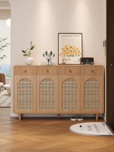 Vintage Rattan Wood Slim Shoe Storage Cabinet