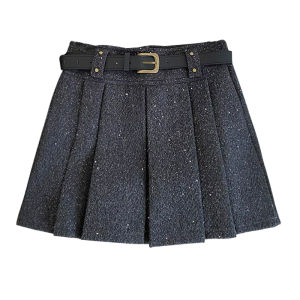 Thickened Woolen Short Half-length Skirt Women Shiny Sequins Slimming Autumn Winter New Korean Style Gray A-line Pleated Skirt