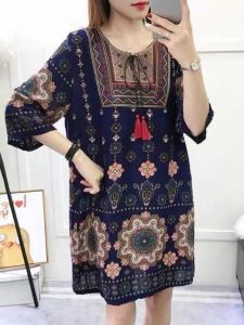 Loose Fit Large Size Artificial Cotton Long Skirt with Embroidery round Neck Seven Sleeve mid Length Ethnic Style Beach Dress