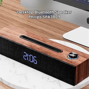 Philips SPA3809 Wooden Desktop Speaker Bluetooth 5.3 Dual Connection Audio with Digital Clock Phone Stand & Adjustable Volume Knob
