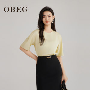 OBEG Chiffon Commuter Style Shirt Elegant Lady Top Lightweight Autumn Early Season Fashionable Polyester Fiber Short Sleeve round Neck