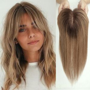 Mái Tóc Giả Nối Đỉnh Đầu Ombre Brown 100% Tóc Người Remy Có Mái Đế Lụa Kẹp Tóc Thẳng Dành Cho Nữ Dài 10 Inch Và 14 Inch