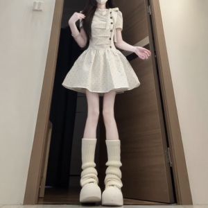 CHANGTONG | Petite Unique Polka Dot Waist Cinching Puff Skirt Dress