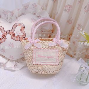 Spring Picnic Basket ~ Lolita Straw Bag Gingham Lace Embroider Handbag Hand Woven Mori Style Bows