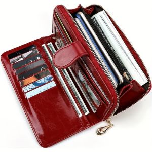 Bright and shiny wax leather long wallet that can hold multiple cards card bags and comes with a wristband