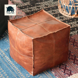 Moroccan Artificial PU Leather Pouf Cover Craft Simple Sofa Ottoman Footstool Unstuffed Living Room Bedroom Cushion Covers