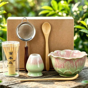 Japanese Matcha Tea Set 6Pcs Ceramic Matcha Bowl Bamboo Whisk Chasen Holder Sieve Spoon Tea Ceremony Kit