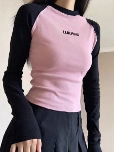 Pink Short Shoulder Insert Long Sleeve T-Shirt Womens Spring Base Shirt Thin Waist Card Inner Fashionable Vintage Print round Neck Cotton Blend