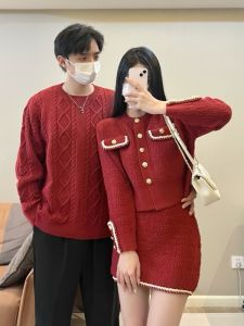 Red Knitted Sweater And Mini Skirt Couple Set round Neck Winter New Year Mens Loose Fit Long Sleeve Youthful Vitality Style