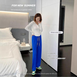 Summer Ice Silk Straight Leg Casual Pants Womens High Waist Loose Wide Leg Pants Drawstring Waist Thin Drapey Fabric