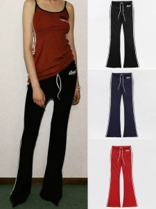 Badlood Letter Embroidery Slim Fit Womens Micro Flared Pants American Retro Sweatpants Casual Long Trousers Trendy