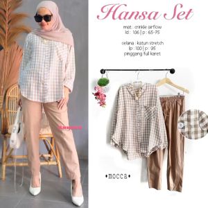 PROMO COD Setelan Kemeja Lengan Panjang Motif Kotak dan Celana Jeans Perempuan Dewasa Hansa Set Tiamo Fashion Store