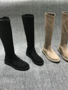 2023 European Station Womens Boots below the Knee Flats round Toe Slim Looking Stretch over-the-Knee Boots Stretch All-Matching Boots