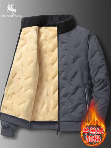 Lamb Velvet Thickened Cotton Jacket Mens Winter Warm Coat Stand Collar Fleece Lined Fashionable Urban Style Dad Clothes