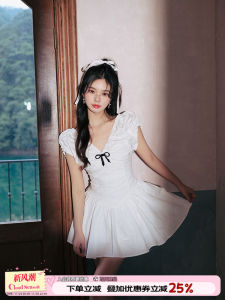 Cloudseason V-neck Short Dress Slimming High Waist Small Bowtie Elegant Summer High-end Feeling A-line Cotton Dress