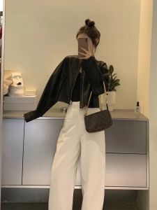 Black Short Leather Jacket Womens 2024 Spring Autumn New Style Unique Super Beautiful Motorcycle Jacket Small Size