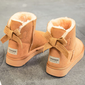 Winter Short Fur Lined Leather Snow Boots Womens Butterfly Knot Warm Anti-Slip Cotton Shoes Sweet Style round Toe Flat Heel