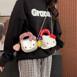 EchoBliss  กระเป๋าสะพายขนาดเล็ก KT Cat สไตล์น่ารัก มีเชือกโซ่และโบว์สำหรับสาวๆ