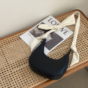 Adorable Butterfly Knot Womens Bag Single Shoulder Moon Shape Handbag Fashionable Trendy Soft PU Leather Small Size Crossbody Bag