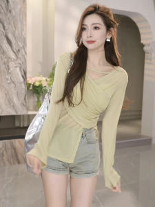 Slimming Long Sleeve V-Neck Thin Base Top Asymmetrical Design Early Autumn New Style Fashionable Sun Protection Ladies Shirt