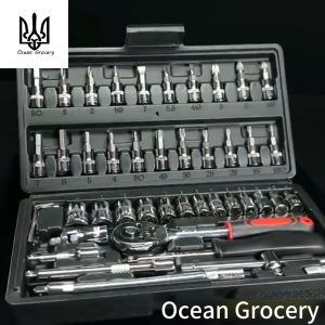 (COD pengiriman cepat) 46 PC Set Socket Full Lengkap Socket Tool Kunci SOK 46 PC Set Socket (1/4\")Tool Kit Set