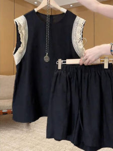 Shalldoer | Casual Lace Splice Womens Set Loose Slimming Summer Outfit Two-Piece Pure Color Top Shorts Fashionable Comfortable Ensemble