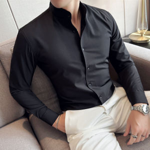 New Chinese Style Mens Long Sleeve Shirt Small Stand Collar Drapey Elastic mid Neck Trendy Half High Neck Pure Color Top