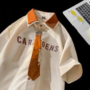 PAZHAOLANG | Plus Size 300lbs Color Block Turn-down Collar Faux Layered Summer Shirt