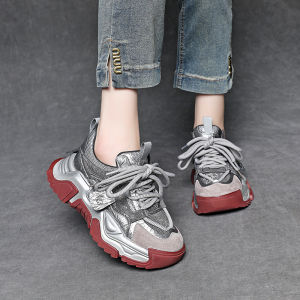 Spring 2025 Casual Fashion Retro Color Block Diamond Leather Dad Shoes Womens Comfortable All Matched Flat Heel round Toe