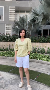 Áo cổ tim tay phồng Linen tưng washed. JUNE LINEN #A42