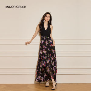 French Style Floral Print Vacation Dress Black Camisole Long Dress