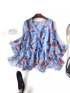 plus Size Womens V-Neck Bell Sleeve Chiffon Top Bohemian Cover up T-Shirt Spring Autumn Fashion Korean Style Regular Fit Shirt