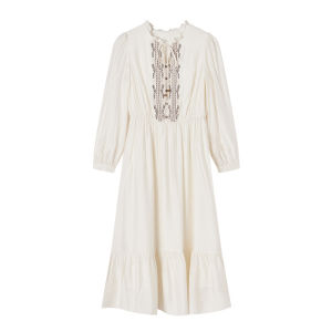 XIANGYING | Exotic Ethnic Style Embroidery Spring New Wooden Ear Lace-up White Long-sleeve Dress
