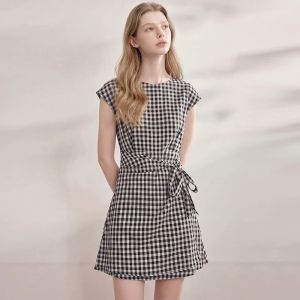 Vintage Plaid Bow Waist Slim Short Sleeve Dress