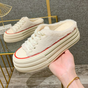Womens Winter Outdoor Thick Bottom Cotton Slippers Fur Trimmed Slip-On Shoes Casual Style Rabbit Fur Lined High Heel