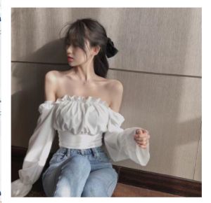 เสื้อชีฟองแขนยาว เสื้อครอป แขนยาว คอปาด สีพื้น แฟชั่น สำหรับผู้หญิง ให้ดูอย่างง่าย และง่ายชั่วคราว