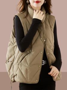 Retro down Cotton Vest Jacket Womens Winter Loose Casual Versatile Warmth Vest Zipper Closure Solid Color Commute Style