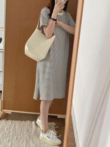 Pure Cotton Striped Short Sleeve Dress Womens 2025 New Versatile Slimming Split Loose Knee-Length Midi Skirt Trendy