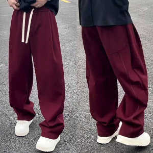 Harlan Red Mens Casual Wide Leg Pants High Waist Straight Cut Loose Fit Breathable Polyester Cotton Blend Autumn Fashion