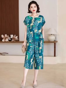 Summer Thin Cotton Silk Two-Piece Set Short Sleeve Shorts Home Clothes Sleepwear Large Size Womens Fashion Loose Fit Pants
